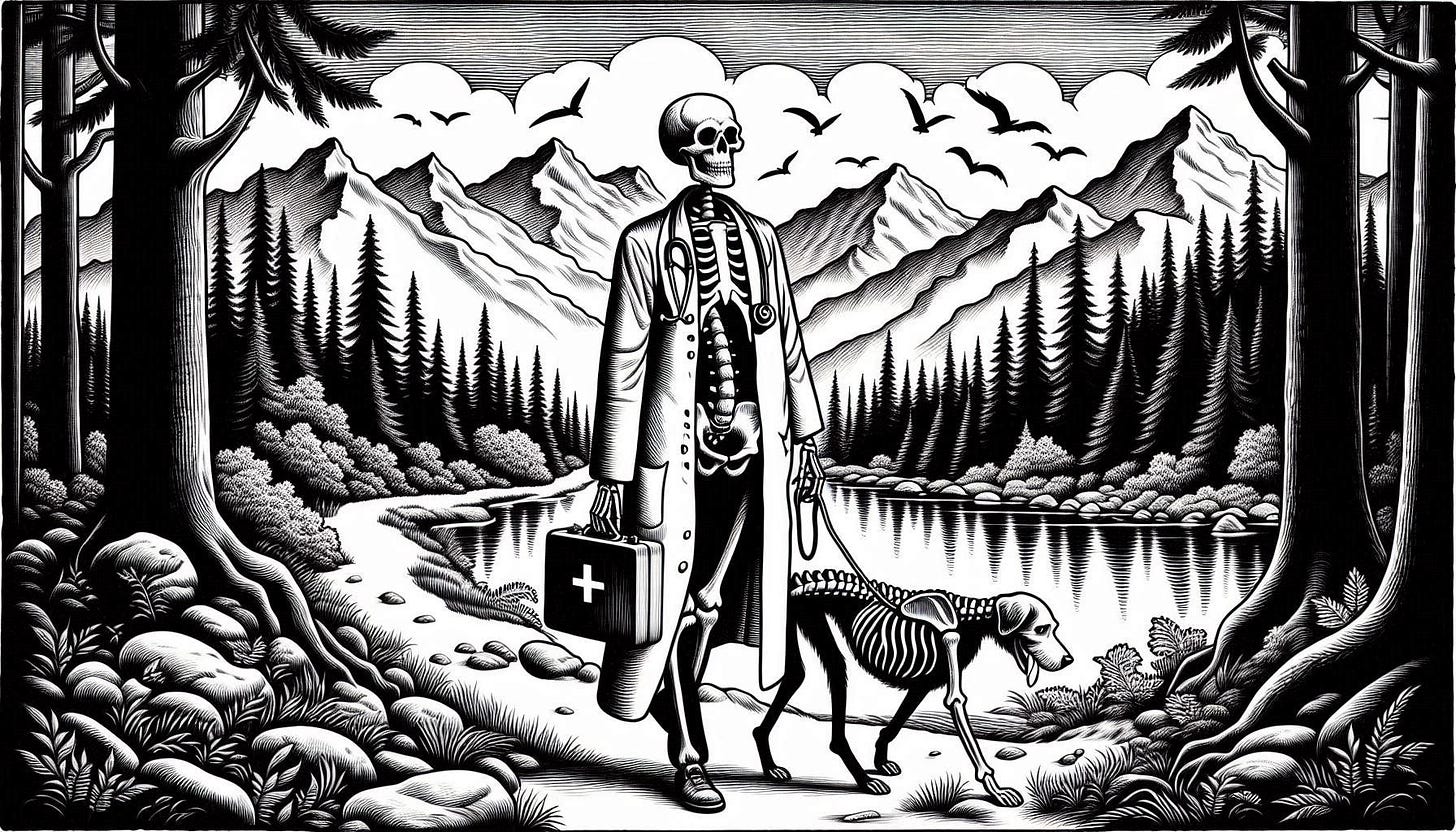 drawing of a skeleton doctor walking in the mountains with his dog by a stream and some trees in black and white art deco. Image 3 of 4