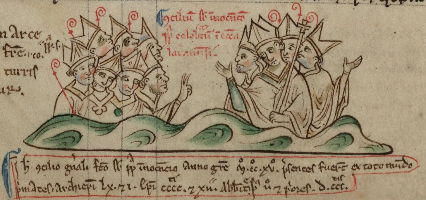 An ink drawing in a manuscript of two groups of clergy facing each other in a discussion. The clergy are drawn from the waist-up and below them is a wavy decoration in green ink.