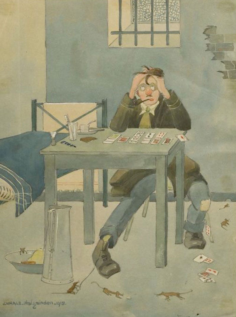 A drawing by James Whale. A Prisoner of War plays solitaire at a table in his cell. He smokes a pipe and holds his head in despair