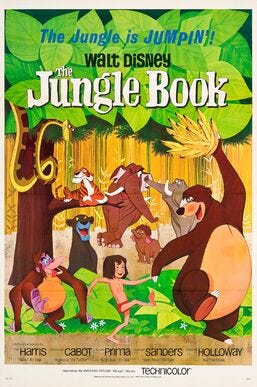 Drawing of the jungle. Mowgli walks holding hands with Baloo who holds a bunch of bananas above his head, while King Louie follows them and Bagheera watches them from behind a bush. Shere Khan lies on the branch of a tree while Kaa comes from the leaves above. In the background, Colonel Hathi, Hathi Jr and another elephant. At the top of the image, the tagline "The Jungle is Jumpin'!" and the title "Walt Disney The Jungle Book". At the bottom, the names of the main voice actors and the characters they play.