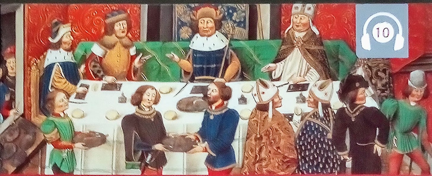 Medieval painting of lord and important guests at high table in a great hall with serving hatch to left