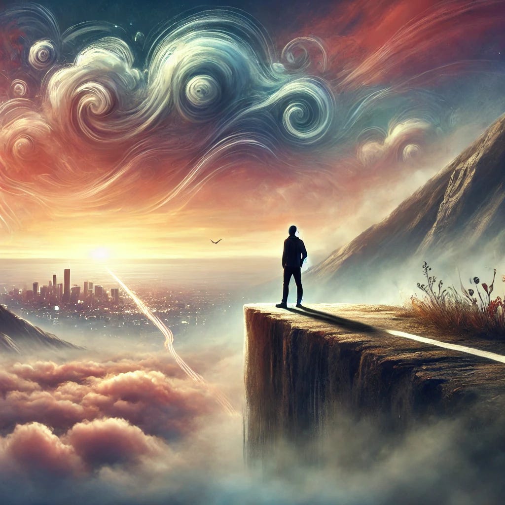 A person standing at the edge of a cliff, looking towards a vast horizon with a distant dream-like city or destination. The atmosphere is filled with a mix of uncertainty and anticipation. The sky is a blend of sunset colors, with swirls of clouds symbolizing swirling thoughts. The person is paused in motion, as if contemplating a leap of faith. There's a subtle divide on the ground, representing the line between thinking and doing. The overall mood reflects a moment of reflection, fear of failure, but also hope and courage to move forward.