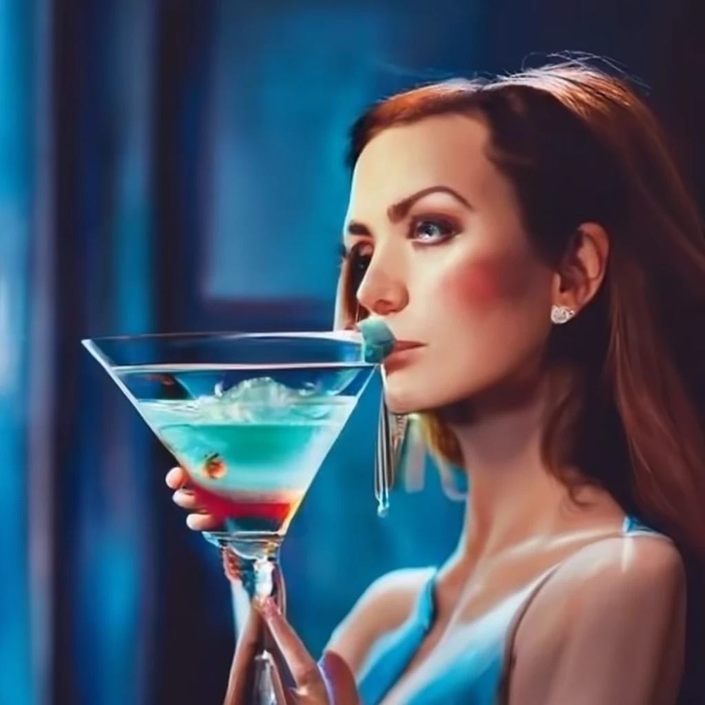 woman at bar drinking martini wearing blue dress