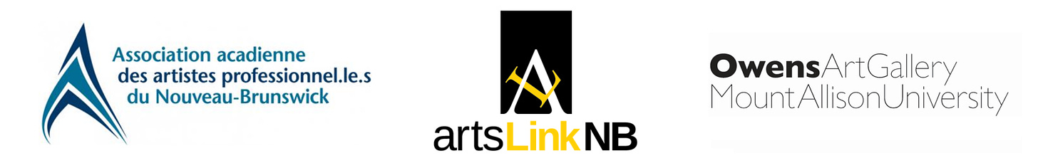Logos de l'Association acadienne des artistes professionnel.le.s du Nouveau-Brunswick, de la galerie Owens de l'Université Mount Allison et d'Arts Link NB.