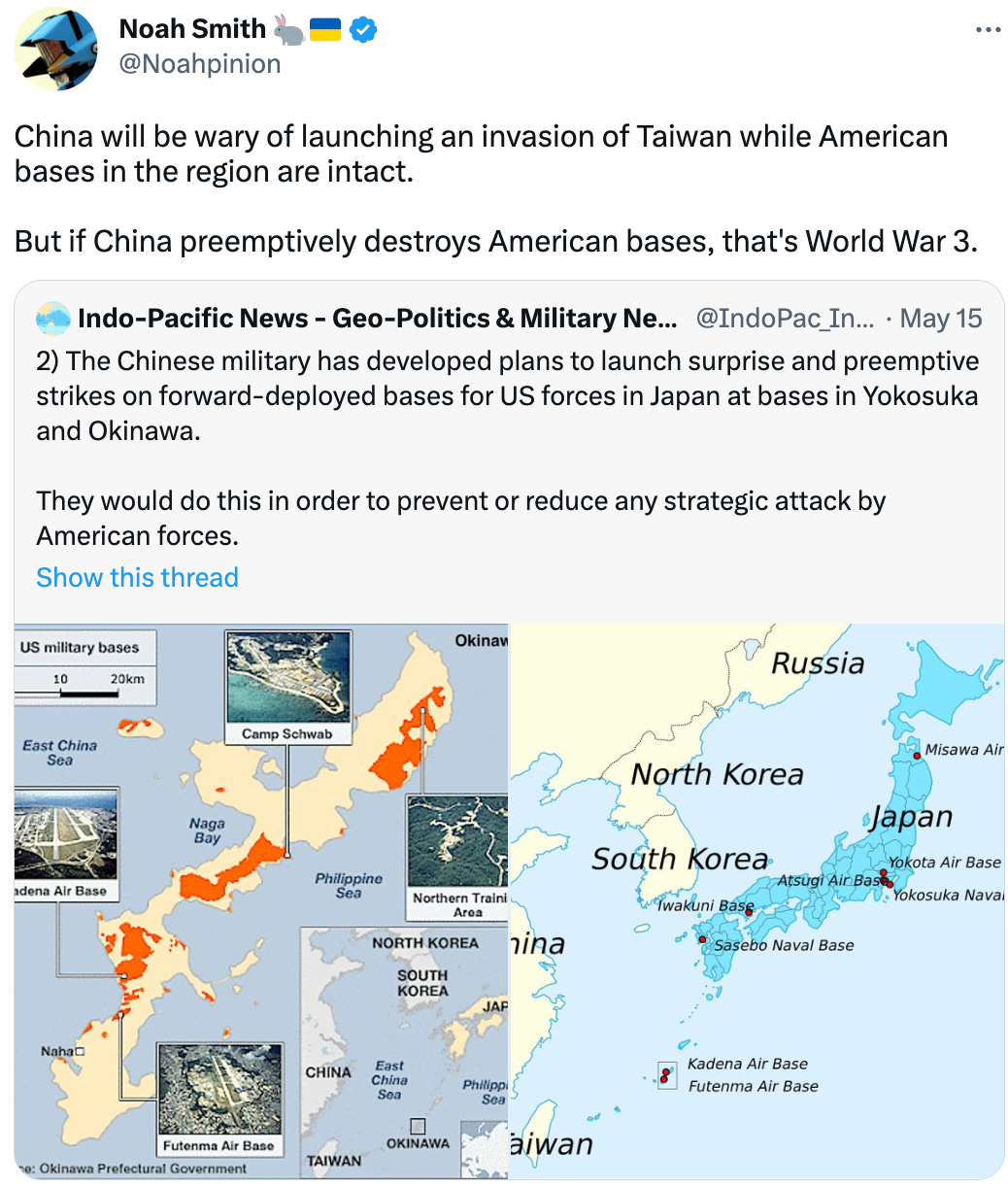  See new Tweets Conversation Noah Smith 🐇🇺🇦 @Noahpinion China will be wary of launching an invasion of Taiwan while American bases in the region are intact.  But if China preemptively destroys American bases, that's World War 3. Quote Tweet Indo-Pacific News - Geo-Politics & Military News @IndoPac_Info · May 15 2) The Chinese military has developed plans to launch surprise and preemptive strikes on forward-deployed bases for US forces in Japan at bases in Yokosuka and Okinawa.  They would do this in order to prevent or reduce any strategic attack by American forces.