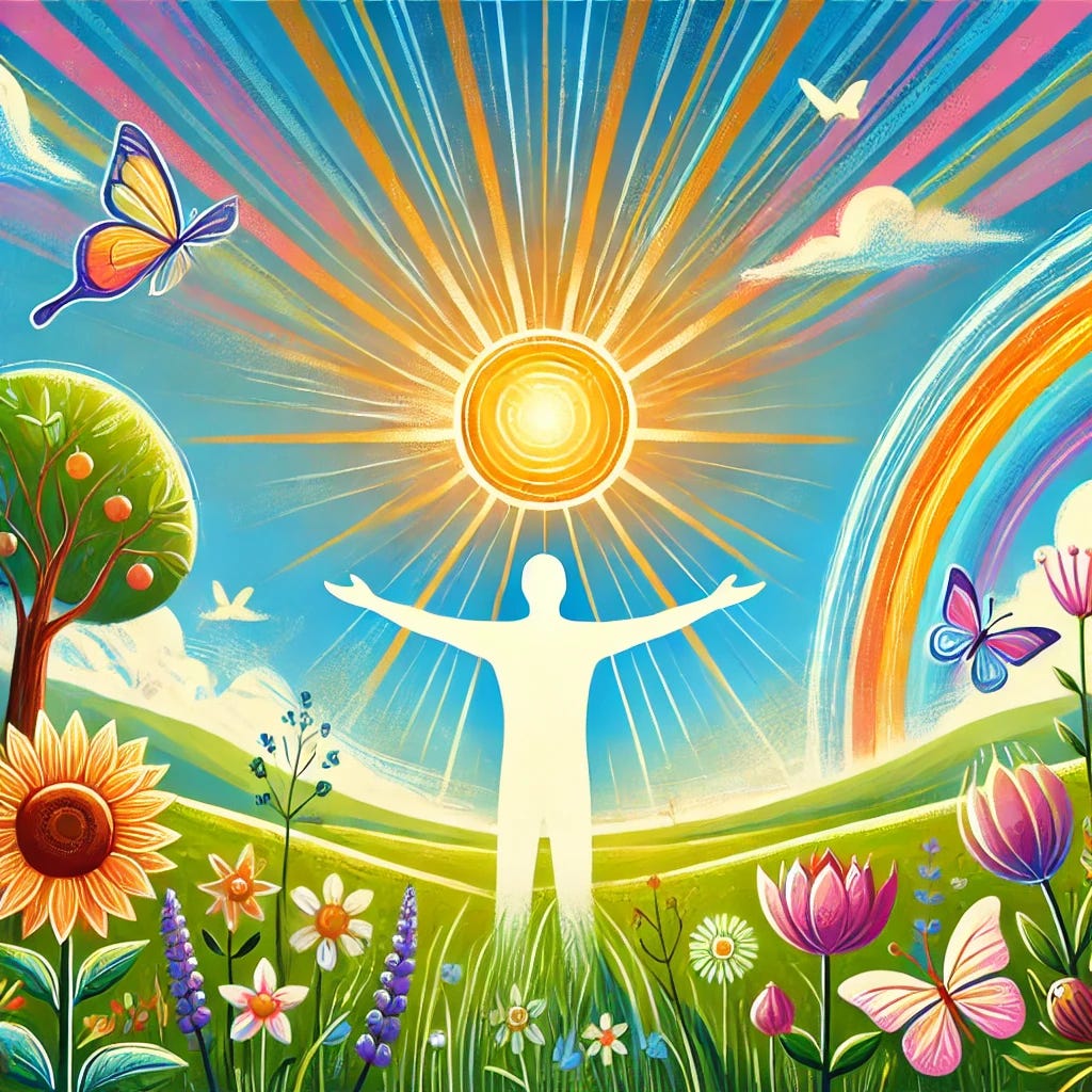 A vibrant and uplifting illustration that symbolizes optimism. The image should depict a bright, sunny landscape with a clear blue sky, green fields, and blooming flowers. In the center, a person stands with arms outstretched, facing the sun, radiating joy and positivity. Surrounding them are symbols of growth and positivity, such as a rising sun, a rainbow, butterflies, and birds flying high. The overall atmosphere should convey a sense of hope, happiness, and a positive outlook on life.