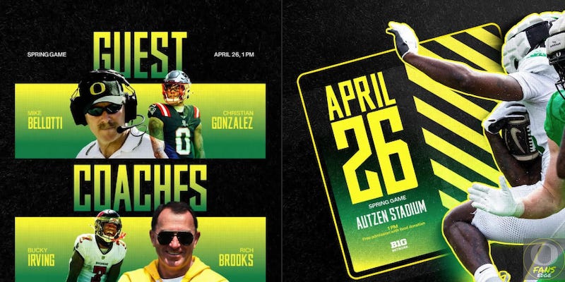 Oregon Ducks football spring game on April 26, 2025, at 1:00 PM, featuring guest coaches Rich Brooks, Mike Bellotti, Bucky Irving, and Christian Gonzalez at Autzen Stadium and on live Big Ten Network