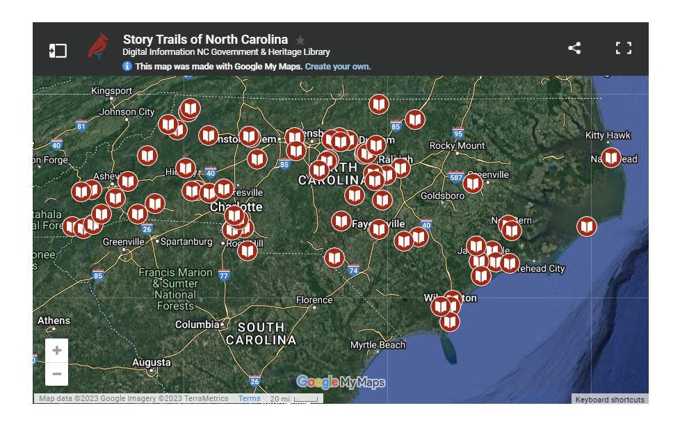 Map of North Carolina showing the locations of story trail spots.