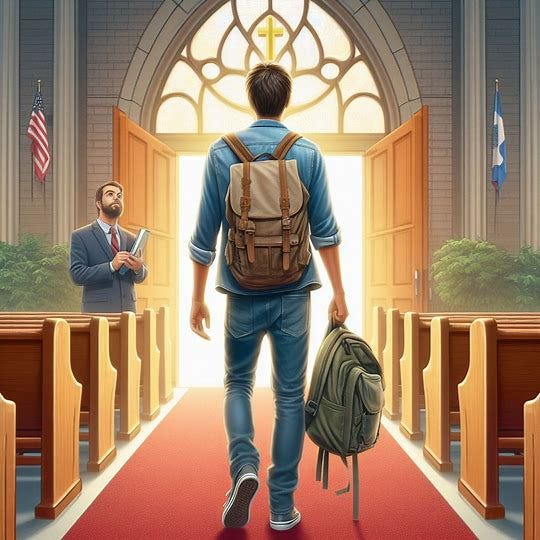 Una persona en ropa casual llegando a una iglesia evangélica por la primera vez con mochila. Image 1 of 4
