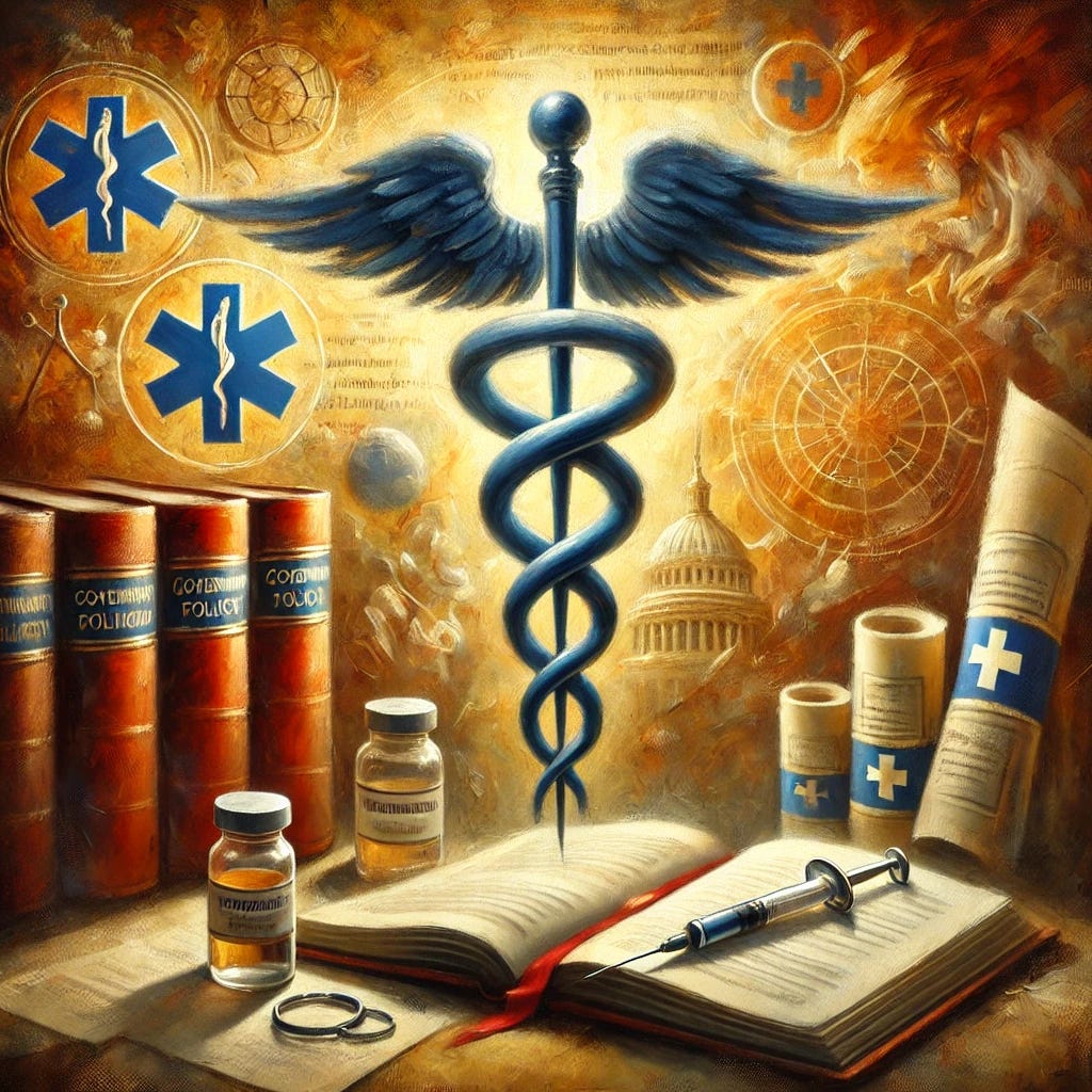 An oil painting symbolizing themes of vaccination, government policy, and public health. The image includes a symbolic representation of a large medical caduceus intertwined with scrolls of government documents. In the background, there are abstract symbols representing healthcare, such as a stethoscope, medical cross, and open books to symbolize knowledge and research. The atmosphere is serious and reflective, with warm colors and a thoughtful composition, but without any human figures or direct references to specific events.