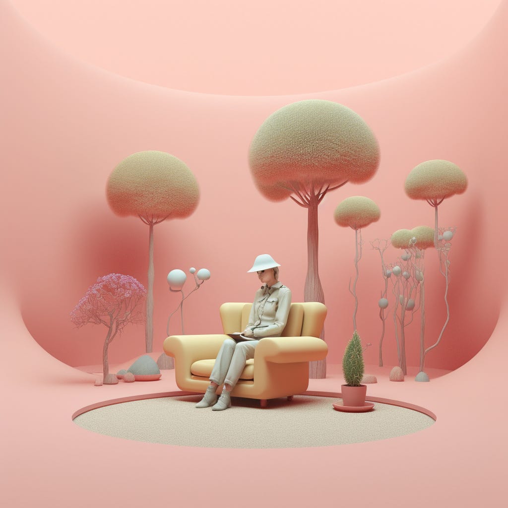 person reading in psychedelic pastel-colored landscape