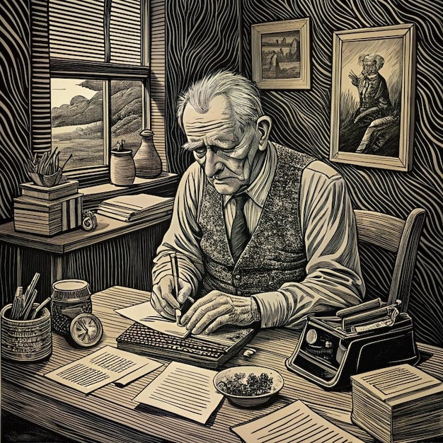 A drawing of a man writing on a desk with a pen and a picture of a man  writing on it | Premium AI-generated image