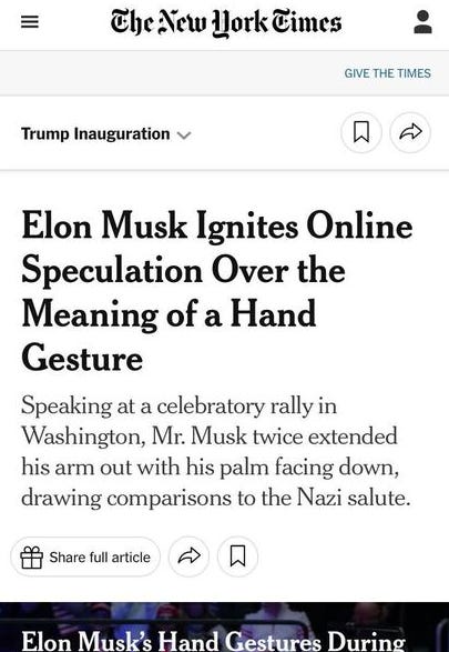 Elon Musk Ignites Online Speculation Over the Meaning of a Hand Gesture Speaking at a celebratory rally in Washington, Mr. Musk twice extended his arm out with his palm facing down, drawing comparisons to the Nazi salute.