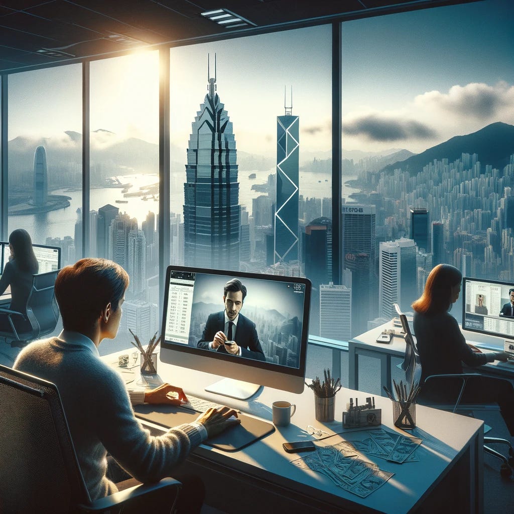 Create an image depicting a scene in a financial department of a multinational company in Hong Kong, where an employee is transferring over $25 million to scammers after being deceived by a deepfake of their boss during a fake video conference. The setting is a modern, high-tech office with views of the Hong Kong skyline. The employee is focused on a computer screen, displaying a video call with the deepfake boss instructing the transfer. The atmosphere is tense, highlighting the gravity of the situation without showing any specific details that would identify individuals or the company. This scene captures the moment of deception and the sophisticated scam, emphasizing the need for vigilance in the digital age.