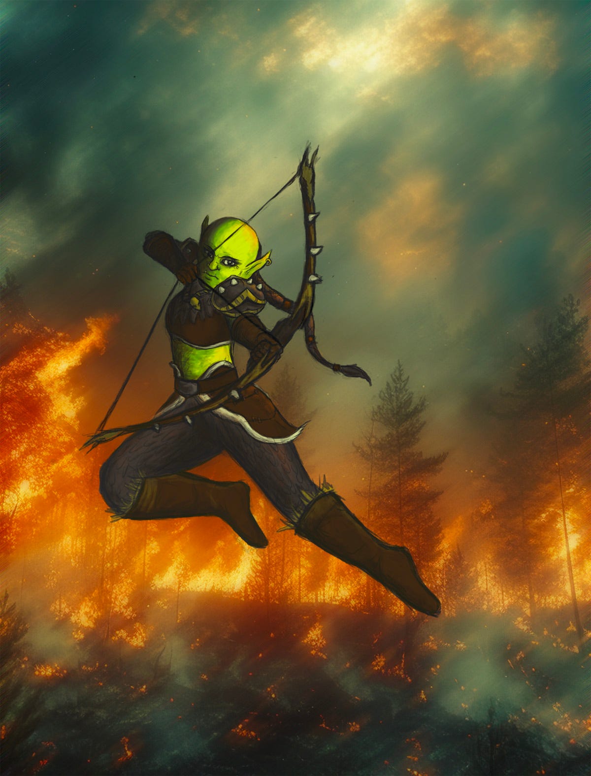 Digital painting of a green-skinned, female orc hunter gracefully leaping through the air and firing an arrow towards the viewer. She's wearing dark brown leather armor with spiked shoulder guards and a spiked hunting bow. Behind her a forest fire rages against a stormy grey-green sky.