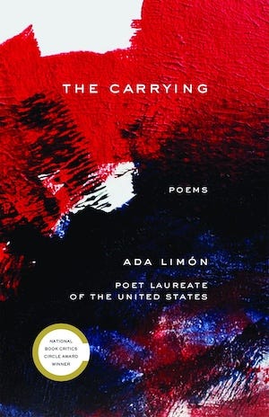 cover of The Carrying, a collection of poems by Ada Limon. The cover is an abstract design of blue, black,red, and white paint strokes