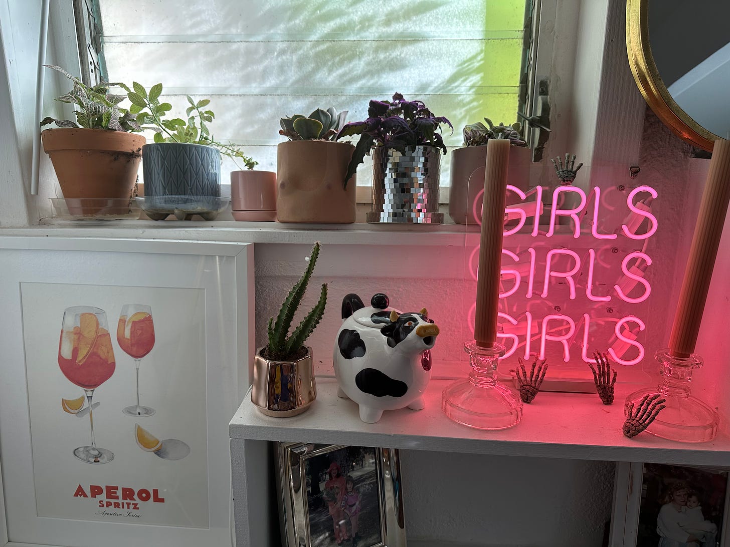 Seven potted plants of various sizes and colors line the shelves of a home next to an "Aperol Spritz" artistic poster and a pink neon sign that glows "Girls Girls Girls."