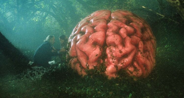 Movie still from Rumours. Two people crouch in a forest in front of a huge human brain.