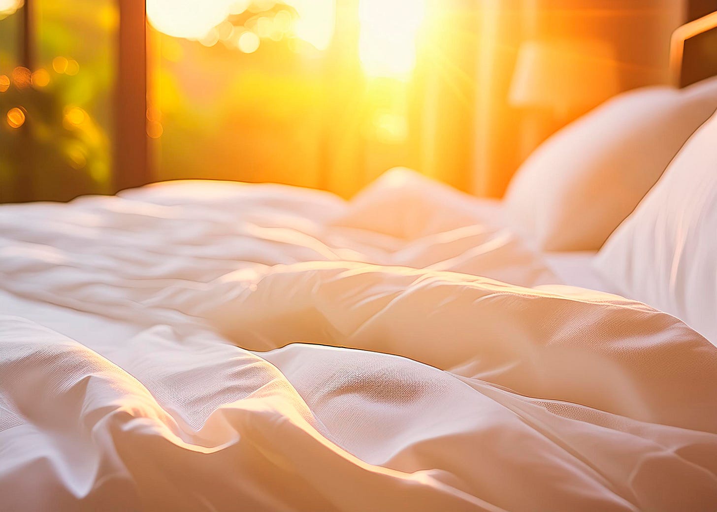 golden morning light streaming across rumpled white bedding