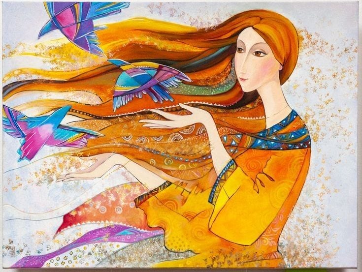 This may contain: a painting of a woman with long red hair and blue birds on her head is shown