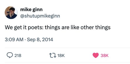 A screenshot of a tweet by mike ginn @shutupmikeginn that says: we get it poets: things are like other things