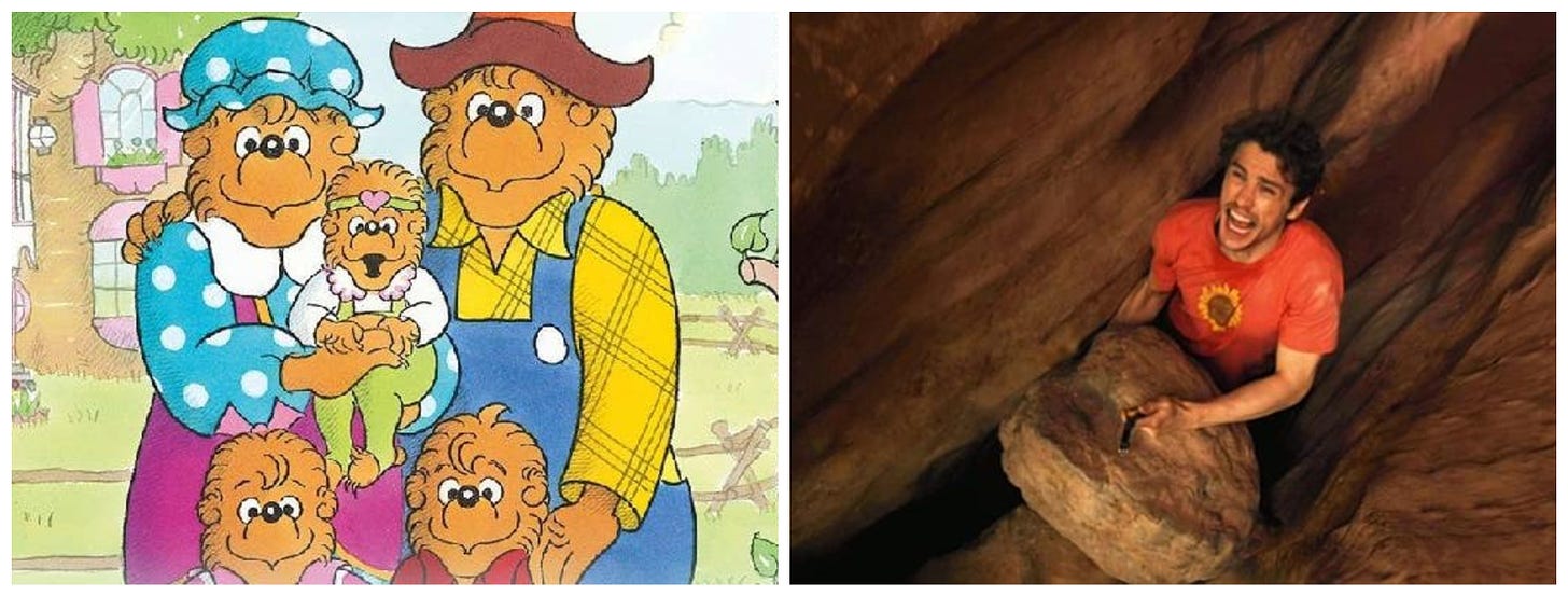 Left hand image the Berenstain Bear family; right hand image, James Franco trapped in 127 Hours