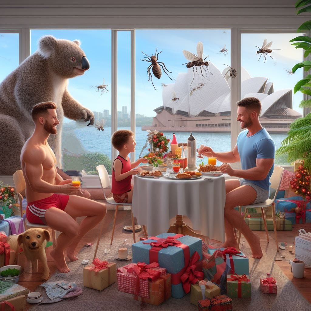 A Australian family having breakfast in Brisbane on Christmas morning with mosquitos buzzing around. 