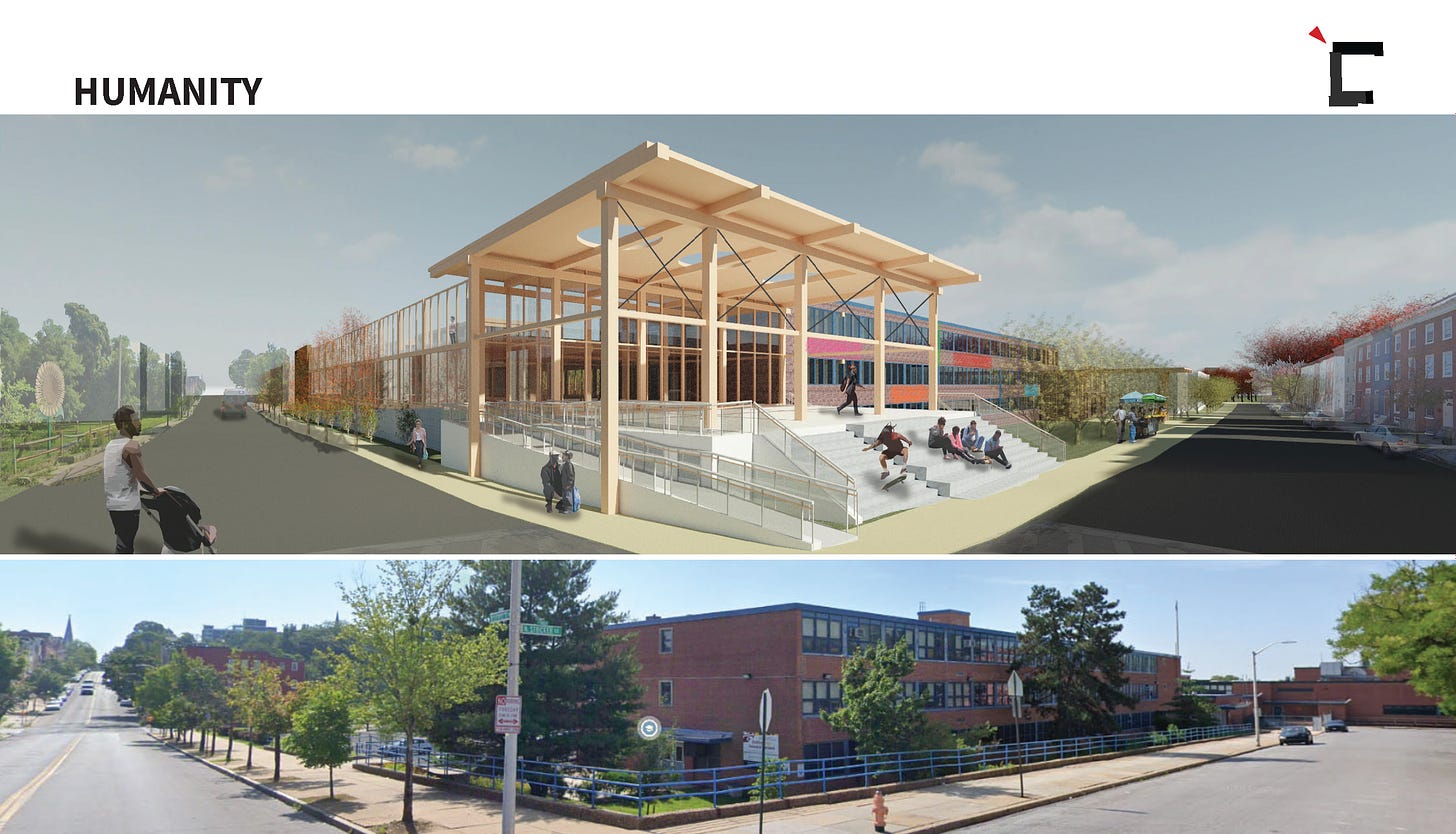 Comparison images. Top: a community school with a generous front porch and stoop. Below: current school is very unwelcoming and has no community gathering space.