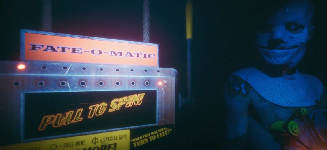 A screenshot from the "Fate-O-Matic" in Flathead, where a strange crash-test-dummy lookin' guy is STARING AT YOU while you're spinning.