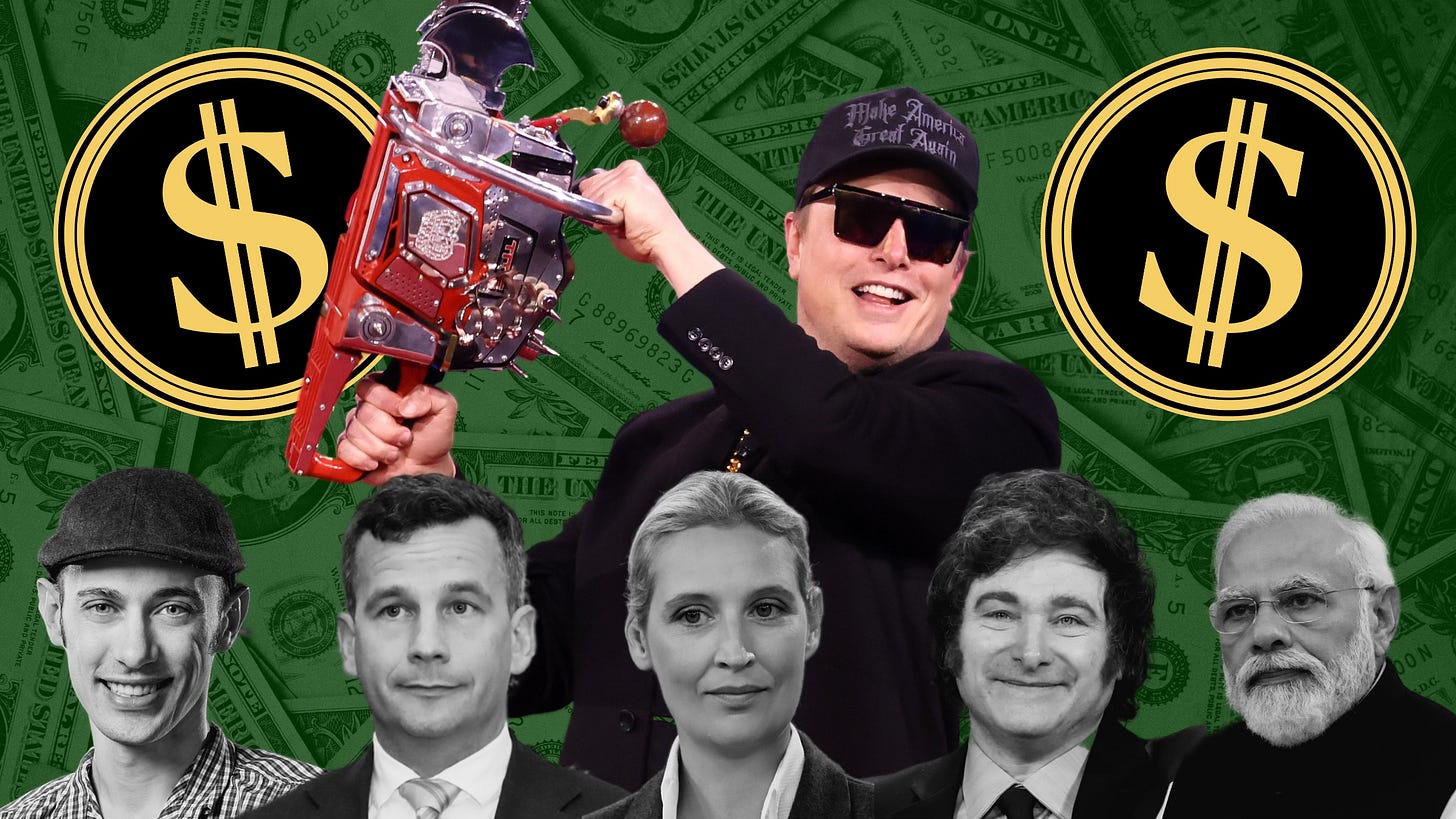 Elon Musk wielding a chainsaw on a background of dollar bills with tech executives and world leaders arrayed across the bottom