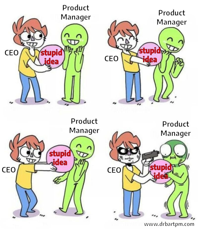 Meme of a CEO forcing a product manager to implement a stupid idea
