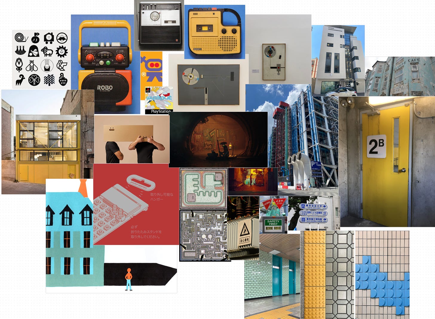 a moodboard with a bunch of reference images of things like electronics, buildings, tiles and drawings