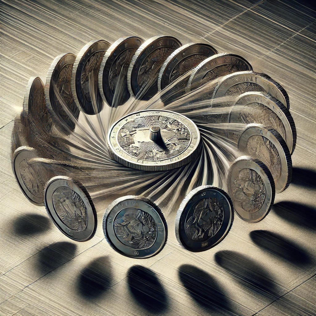 A detailed image of a coin spinning on the surface of a table, capturing all the states of spinning at once. The coin is depicted in multiple positions simultaneously, with shadow-like trails of its previous states to give the illusion of rapid motion. The table surface is realistic with a subtle texture, and the lighting creates soft reflections on both the table and the coin. The coin's design is intricate, with clear engravings visible on its surface, and the multiple overlapping states convey the dynamic motion of the spin.