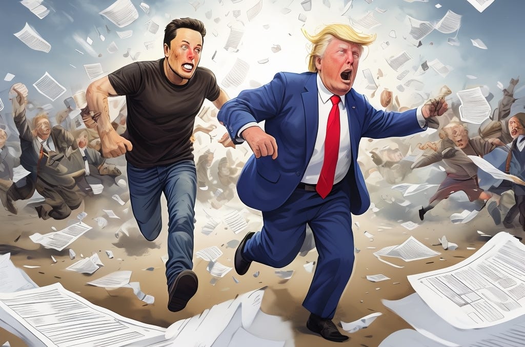 An AI-generated cartoon of Elon Musk and Donald Trump running through a storm of paperwork 