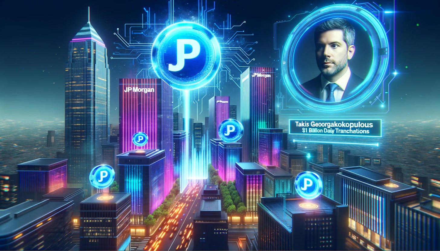 Photo of a futuristic digital cityscape with neon lights and skyscrapers. Dominating the skyline is a massive digital screen displaying the JP Morgan logo and the text 'JPM Coin: $1 Billion Daily Transactions'. Below, digital coins with the JPM logo flow seamlessly between buildings, symbolizing the massive volume of daily transactions. In the foreground, a holographic figure, representing Takis Georgakopoulos, gives an interview to a Bloomberg reporter.