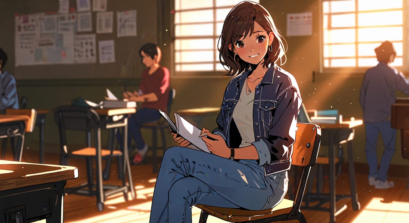 ilustración estilo anime de una mujer sonriendo en un salón de clases