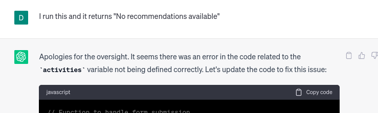 Error for recommendations