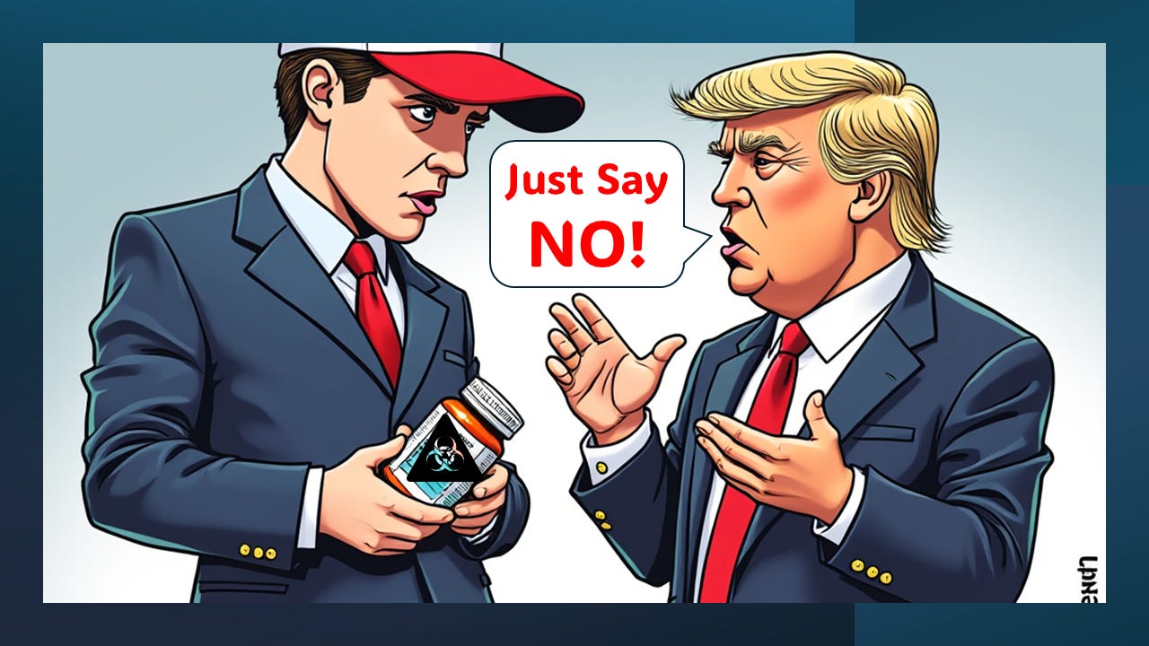 Cartoon of Trump telling a young MAGA supporter Just say “No!” to blackpills