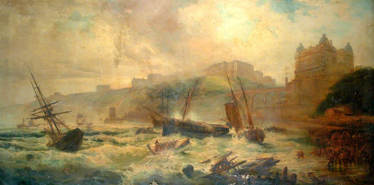 19th Century Painting: Shipwrecks in Scarborough's South Bay by Robert Roe