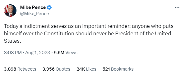 Tweet de Mike Pence: "Today's indictment serves as an important reminder: anyone who puts himself over the Constitution should never be President of the United States."