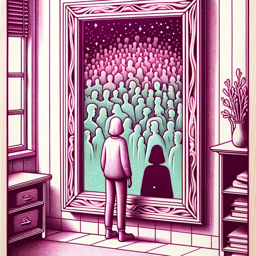 Dreamy wood engraving of a person inside a room, looking into a prominently framed mirror. The mirror's reflection reveals a diverse crowd of people instead of the individual. The room setting, with items like a bookshelf and a window, enhances the scene. Colors are magenta and mint green.