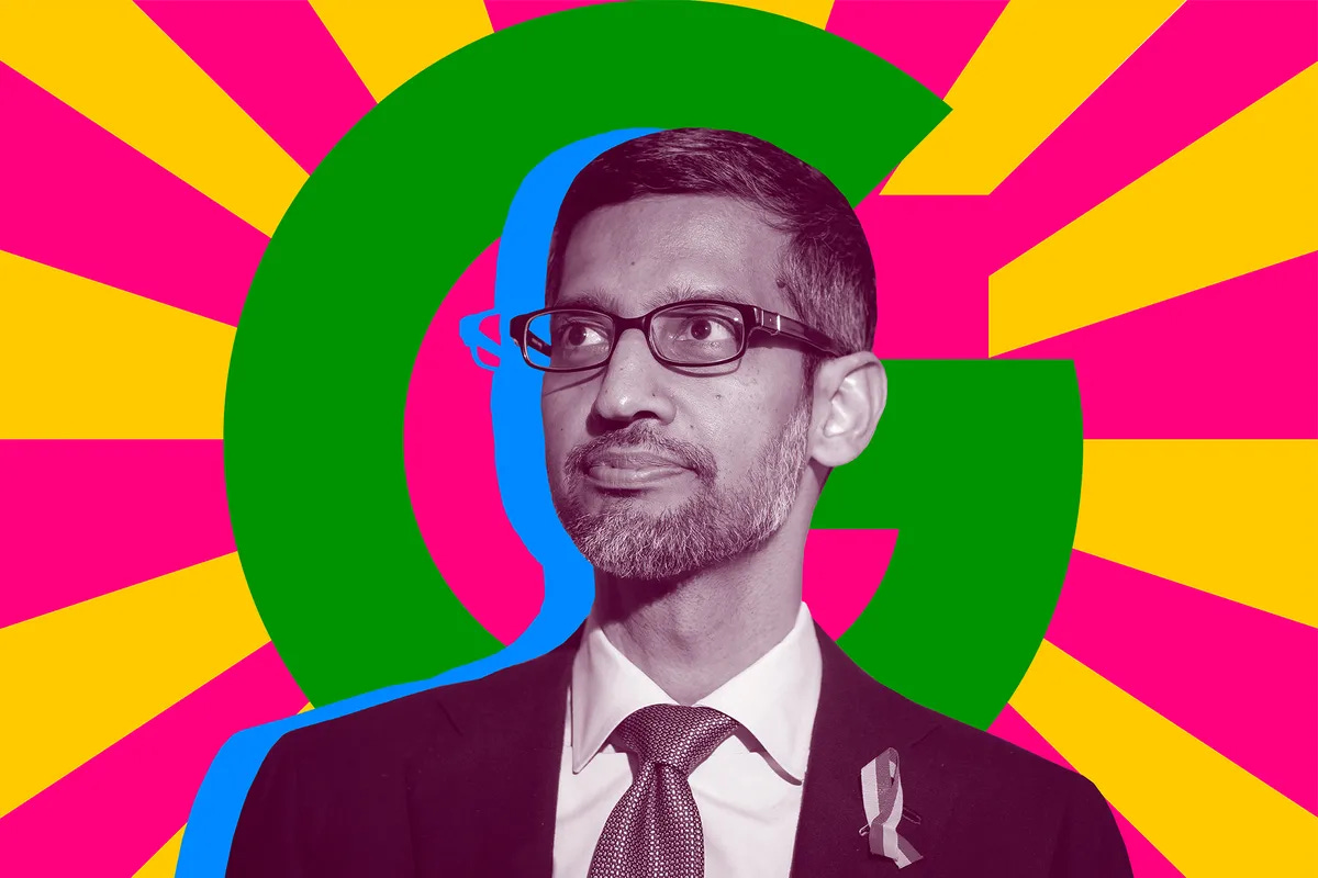 An image of Sundar Pichai in front of a Google logo