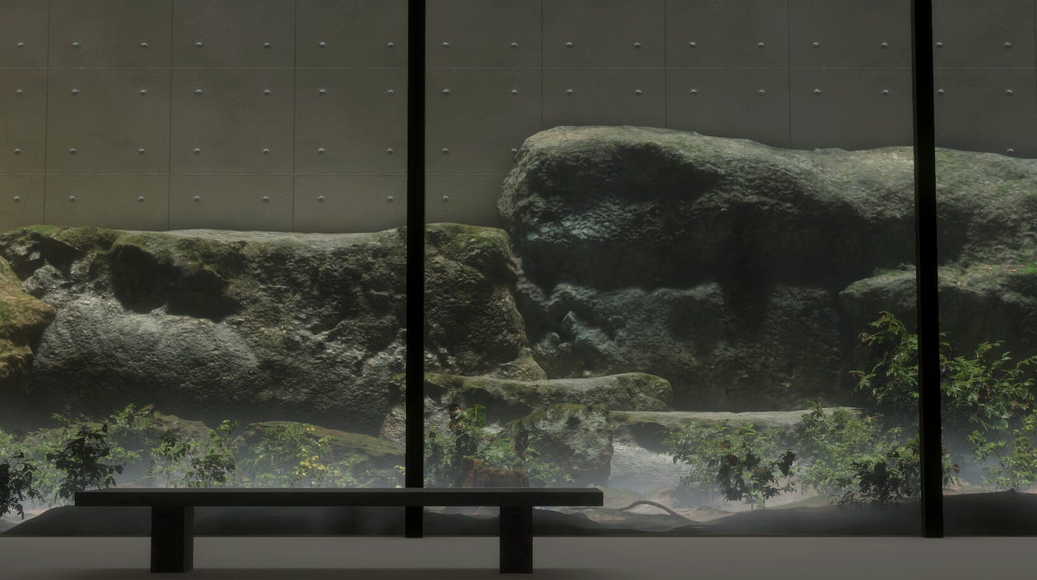 A bench sits in front of a wall of glass. Through the glass there are large rocks and some green plants.