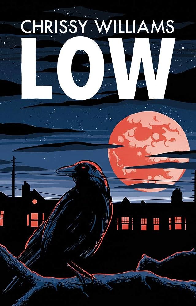 Cover for LOW, by Tom Humberstone. Crow in front of a street at night, with stars and a full moon behind. 