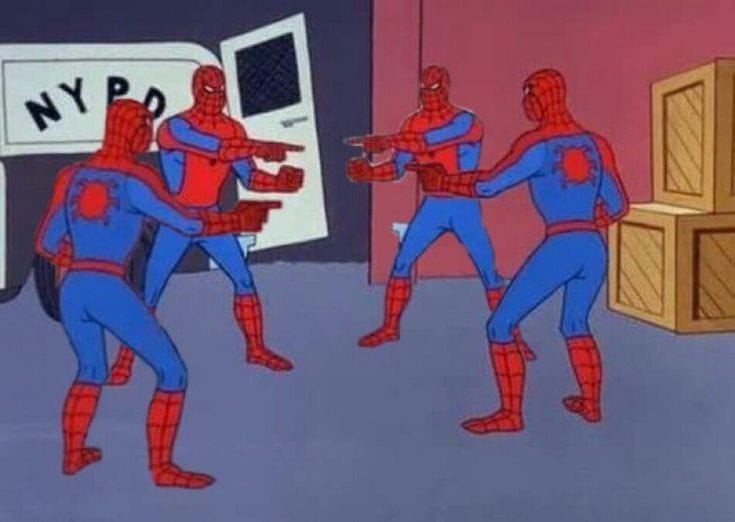 4 Spiderman pointing at each other Blank Template - Imgflip
