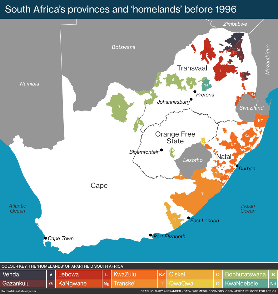 A map of South Africa before 1996, showing the 10 spurious "homelands" established for black South Africans under the policy of apartheid.