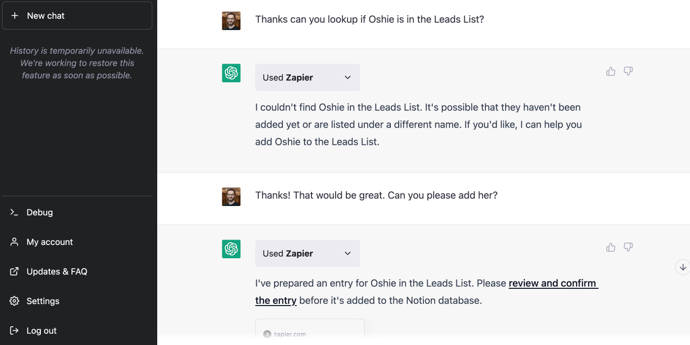 An example of a user asking ChatGPT to check for a contact in HubSpot and send an email to a sales team.