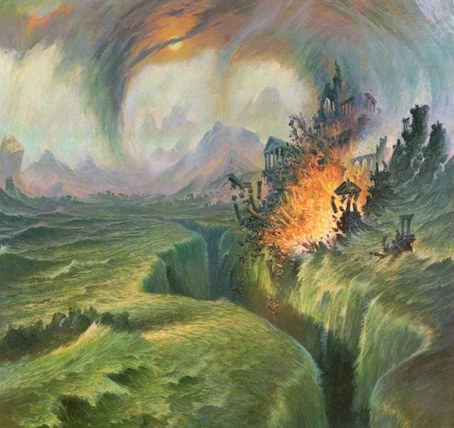 A painting with a square format depicting the fall of Numenor. The island is seen in flames as it breaks apart and falls into a green sea split by a ragged crack into which the water is spilling violently.