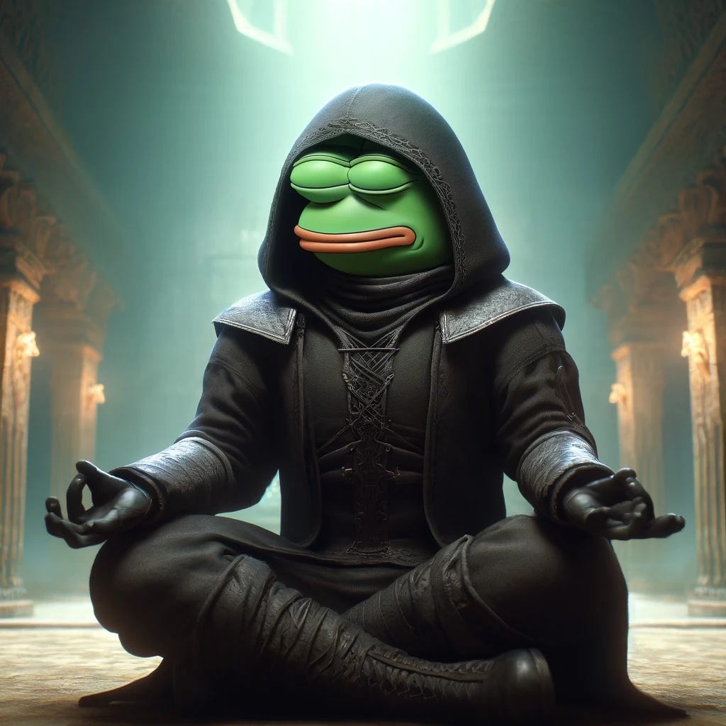 Depict Pepe the Frog in a state of complete peace and calm, wearing a dark, stealthy outfit with a hood, meditating in a serene and mystical environment. The background includes soft lighting, ancient architecture, and subtle shadows to create a tranquil atmosphere. Pepe's expression is serene, with closed eyes and a relaxed posture, embodying calmness and discipline.