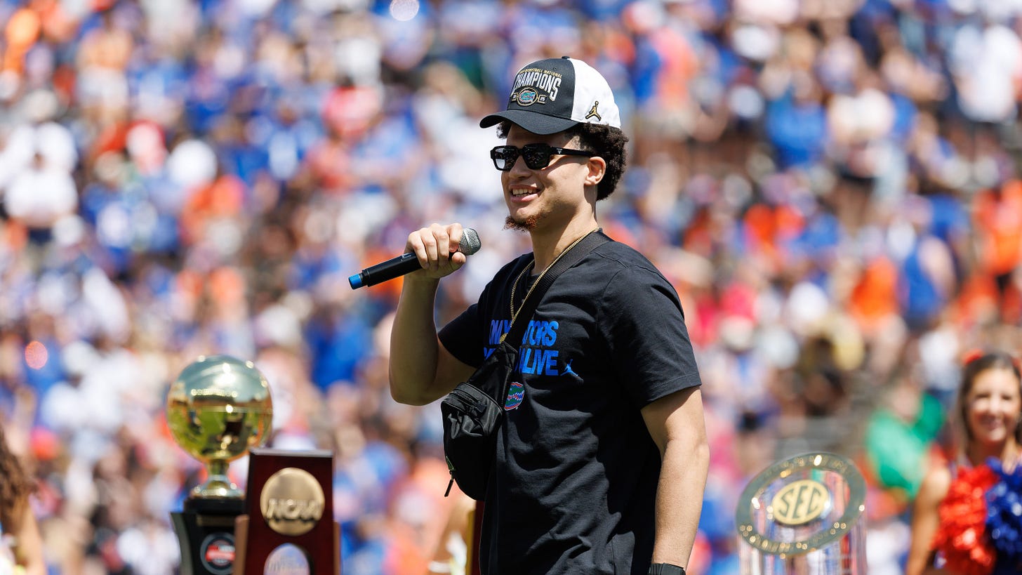Florida basketball's Walter Clayton Jr. speaks to the crowd during Gators  championship celebration